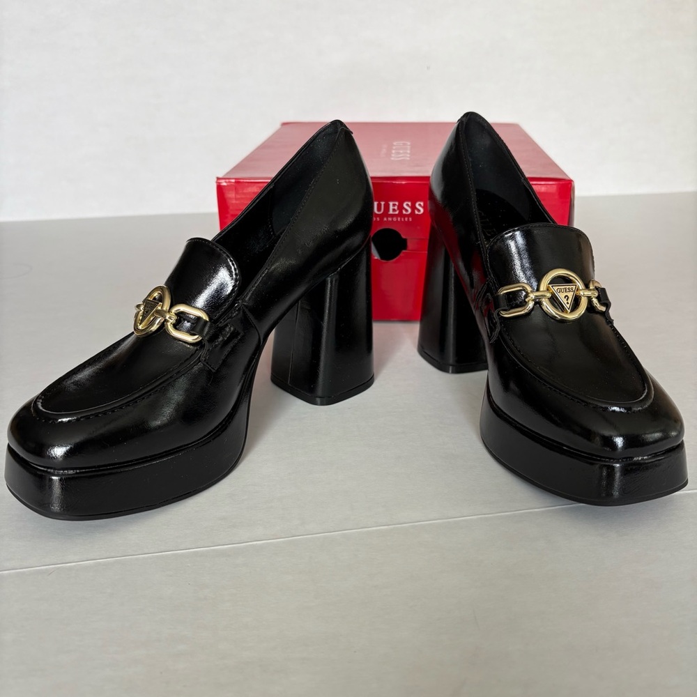 Guess Lynlee Heeled Loafers Black and gold faux leather 6